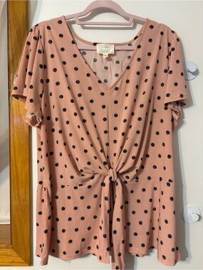 Flowy Polka Dot Tie-Front Blouse - Dusty Rose by